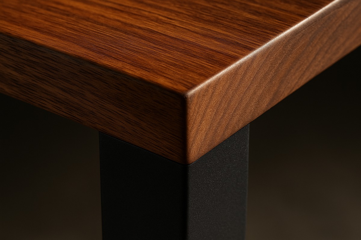 Close-up of teak tabletop meeting powder-coated steel leg — craft meets contemporary design