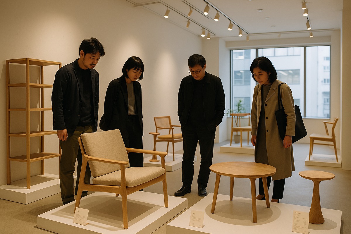 Indonesian design furniture pop-up in Shibuya with Japanese visitors examining pieces