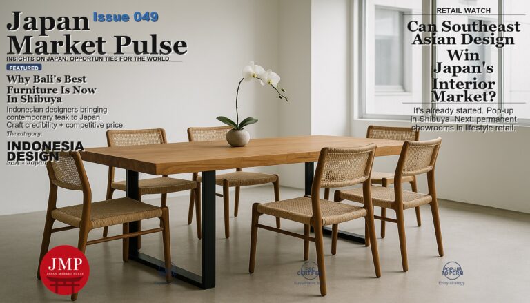 Contemporary Indonesian teak dining table in Shibuya pop-up showroom with natural daylight
