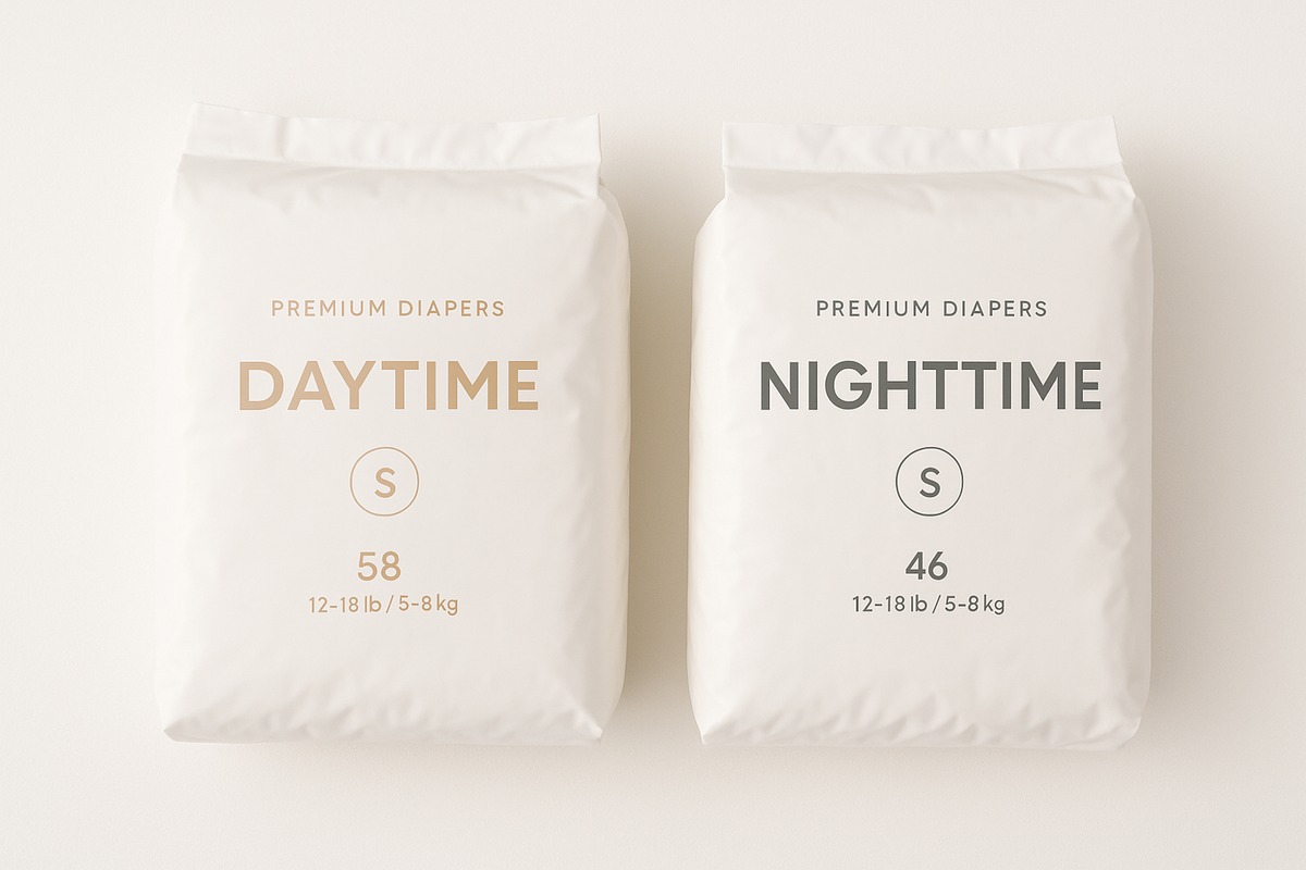 Day and night diaper packages side by side with absorption layer comparison cards
