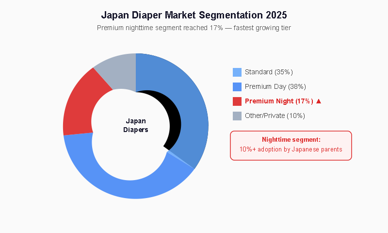 Japan diaper market segmentation donut chart — 17% premium night segment highlighted