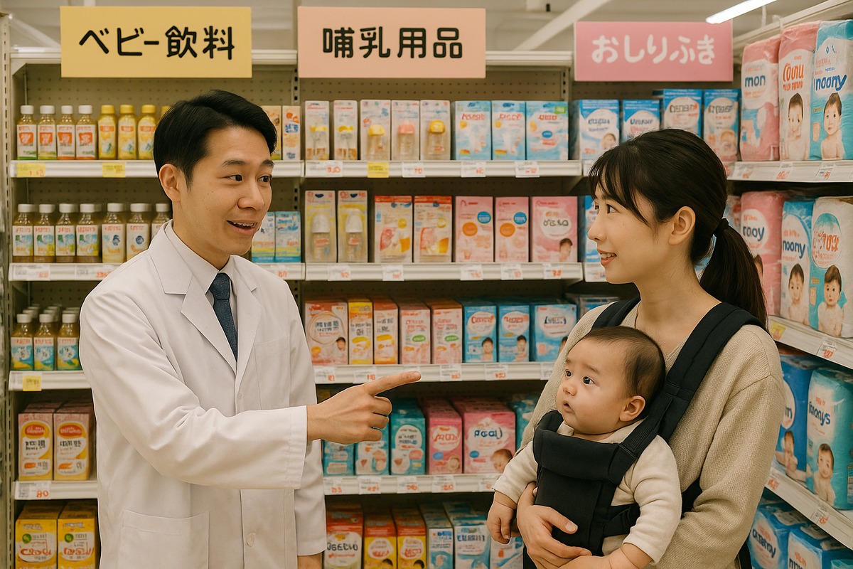 Japanese drugstore pharmacist advising young mother on baby care products