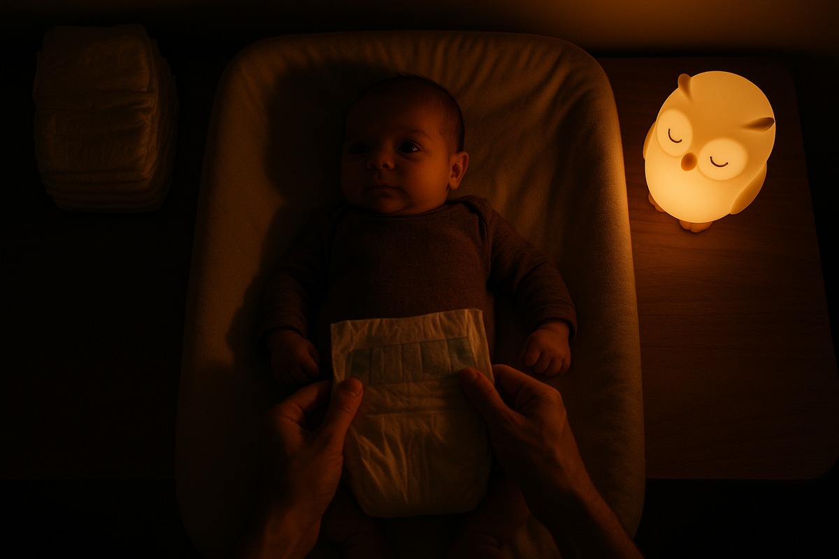 Parent preparing nighttime diaper change in dim ambient light at 3 AM