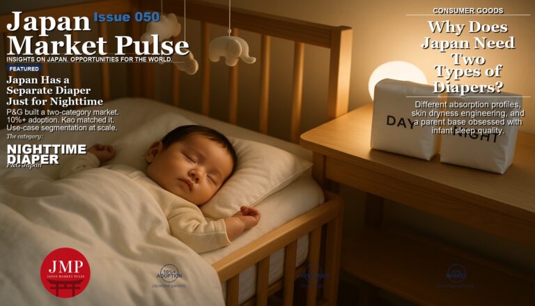 Sleeping infant in Japanese crib with day and night diaper packages on nearby changing table