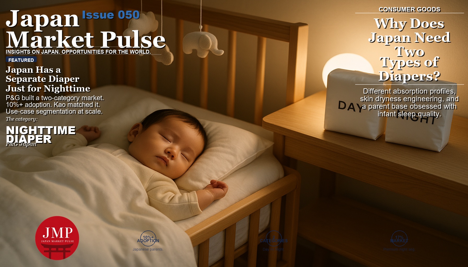 Sleeping infant in Japanese crib with day and night diaper packages on nearby changing table