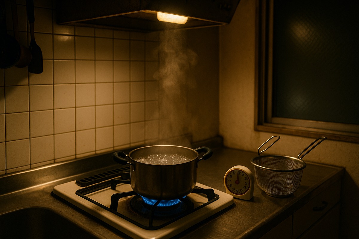 Pot of boiling water on a stovetop at night in a small Tokyo apartment kitchen