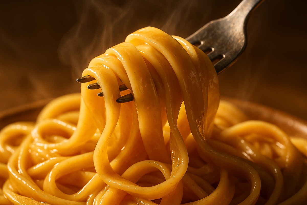 Macro close-up of glossy chewy fresh-style pasta lifted with a fork