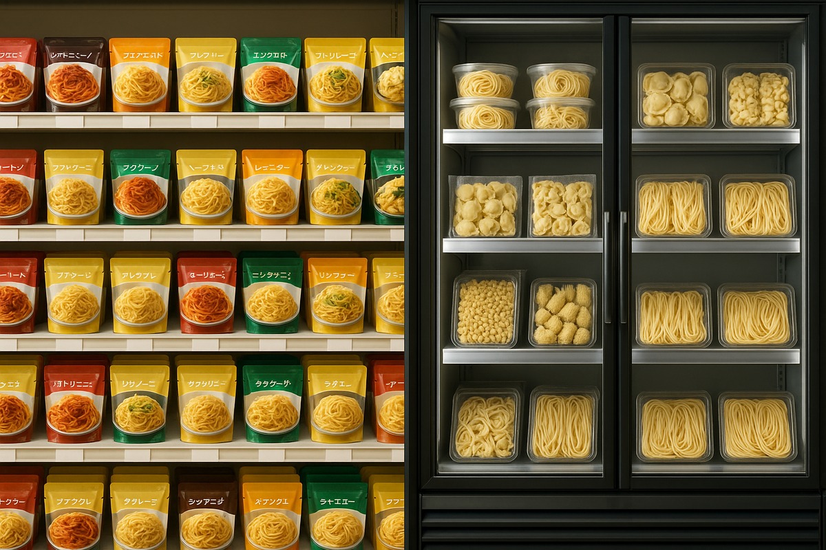 Comparison of Japanese room-temperature pasta shelf and refrigerated fresh pasta case