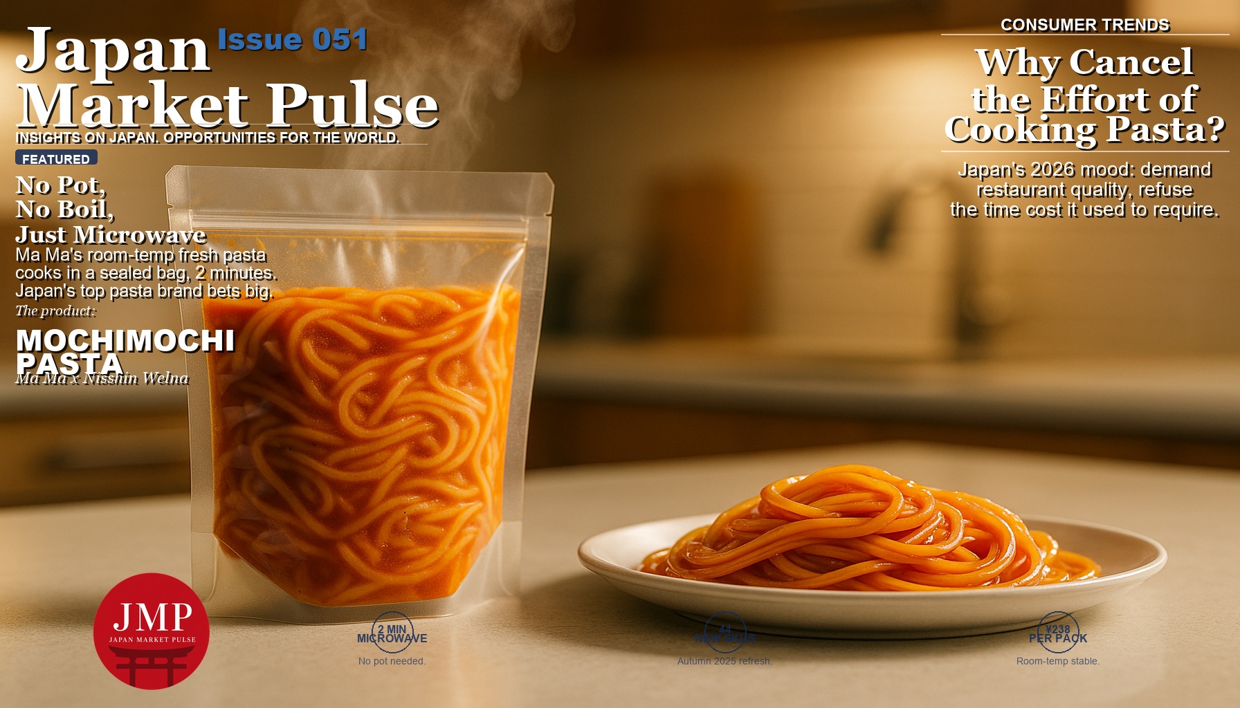 Sealed microwave-ready fresh pasta pouch beside a plate of glossy chewy spaghetti with steam rising