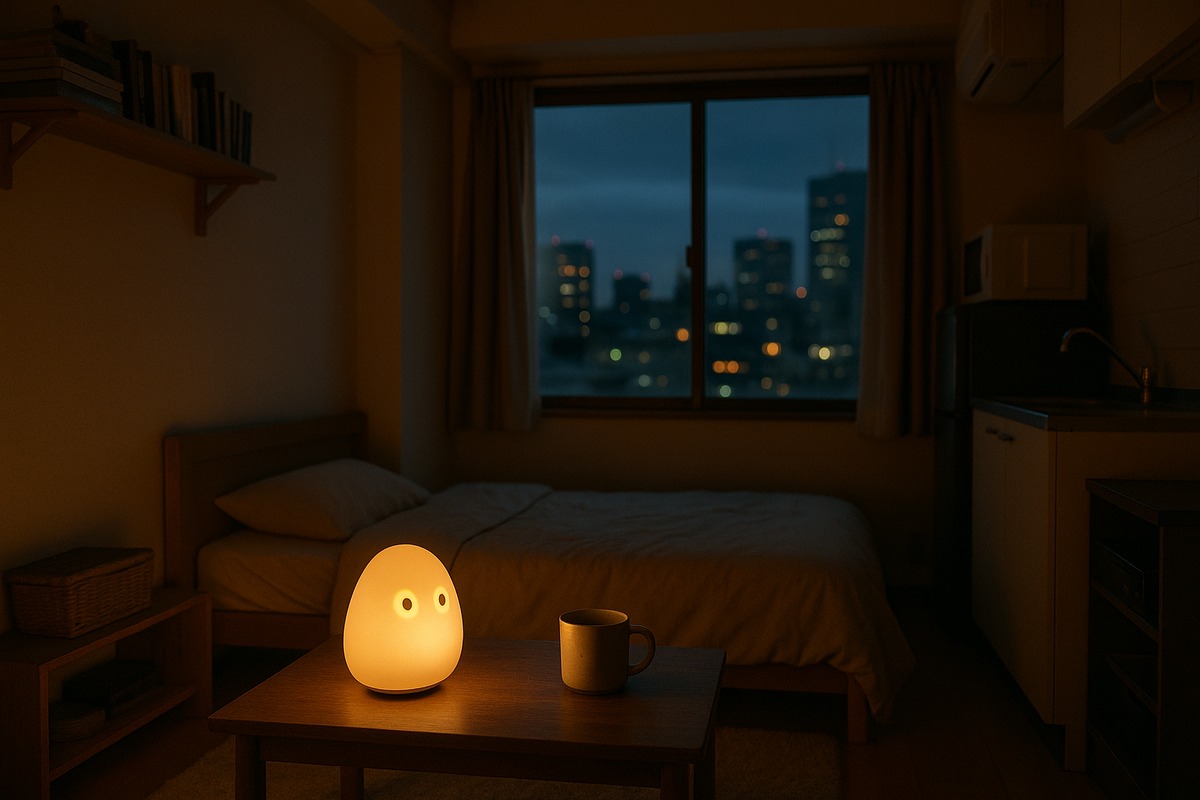 Small Japanese studio apartment at dusk with a soft companion robot glowing on a low table