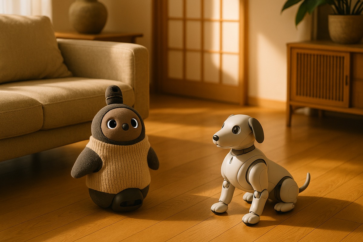 Premium Japanese living room with a huggable companion robot and a robot dog