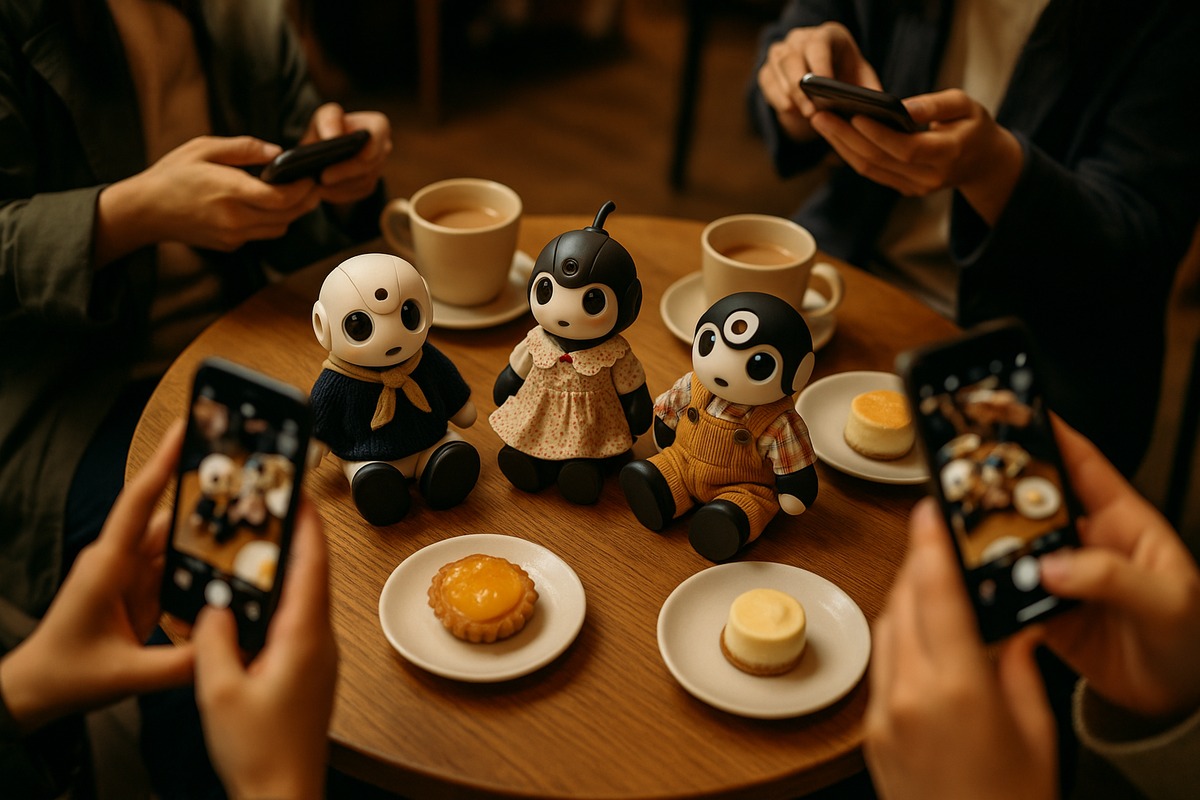 Cafe table at a robot owners meetup in Tokyo with small dressed companion robots