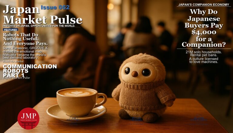 Cozy Tokyo cafe with a small fluffy companion robot in a knitted sweater next to a latte
