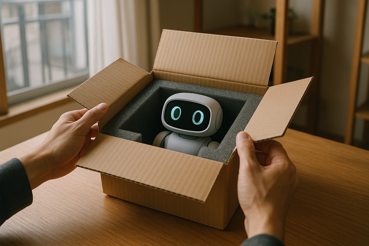 Hands opening a shipping box revealing a small desktop robot with expressive digital eyes