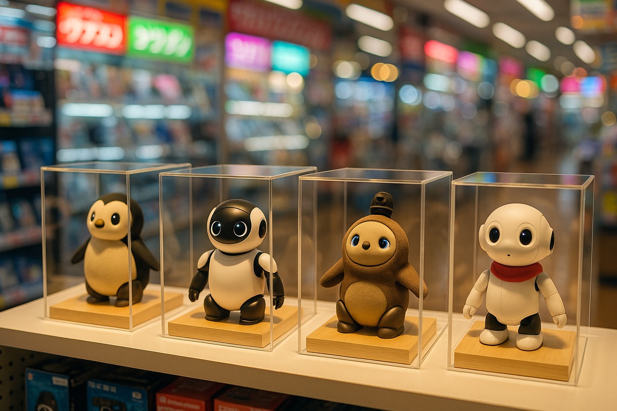 Japanese electronics store display shelf with small companion robots in glass cases