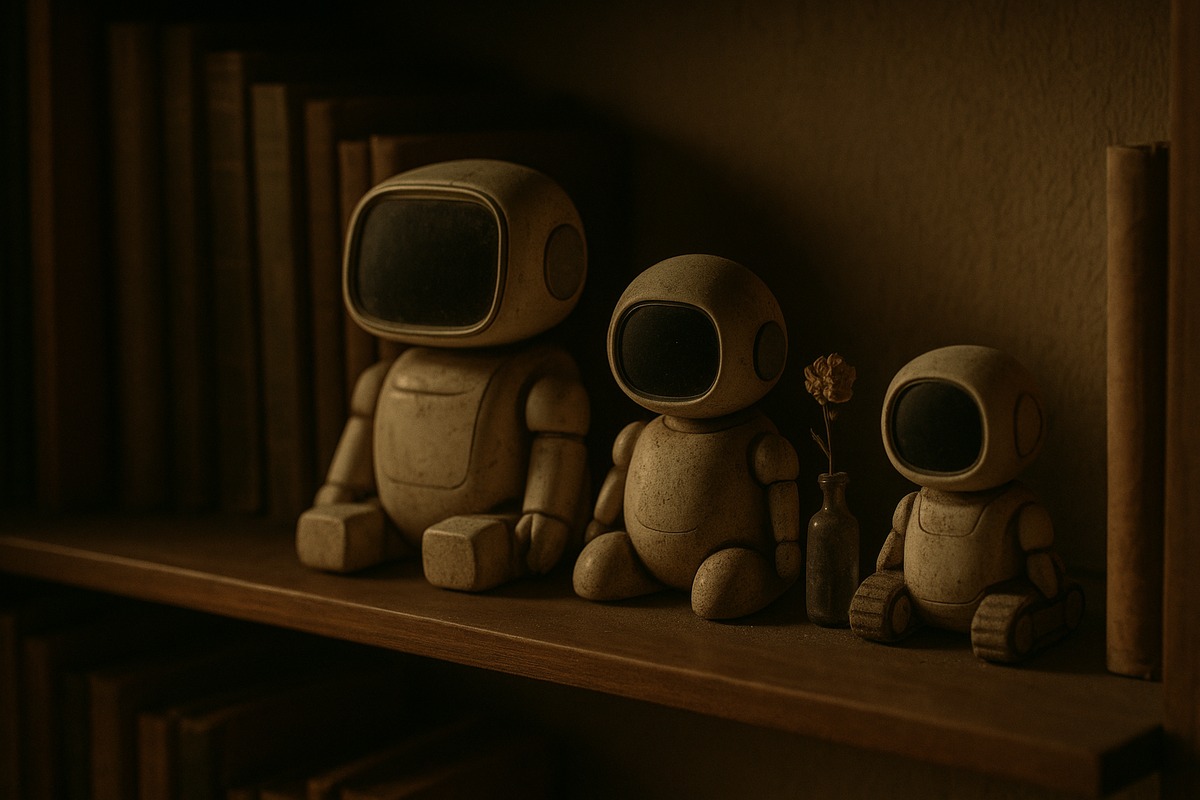 Quiet bookshelf with retired dusty companion robots switched off