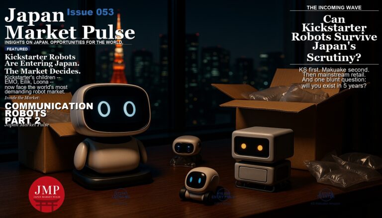 Tokyo apartment desk covered with small desktop companion robots and opened international shipping boxes