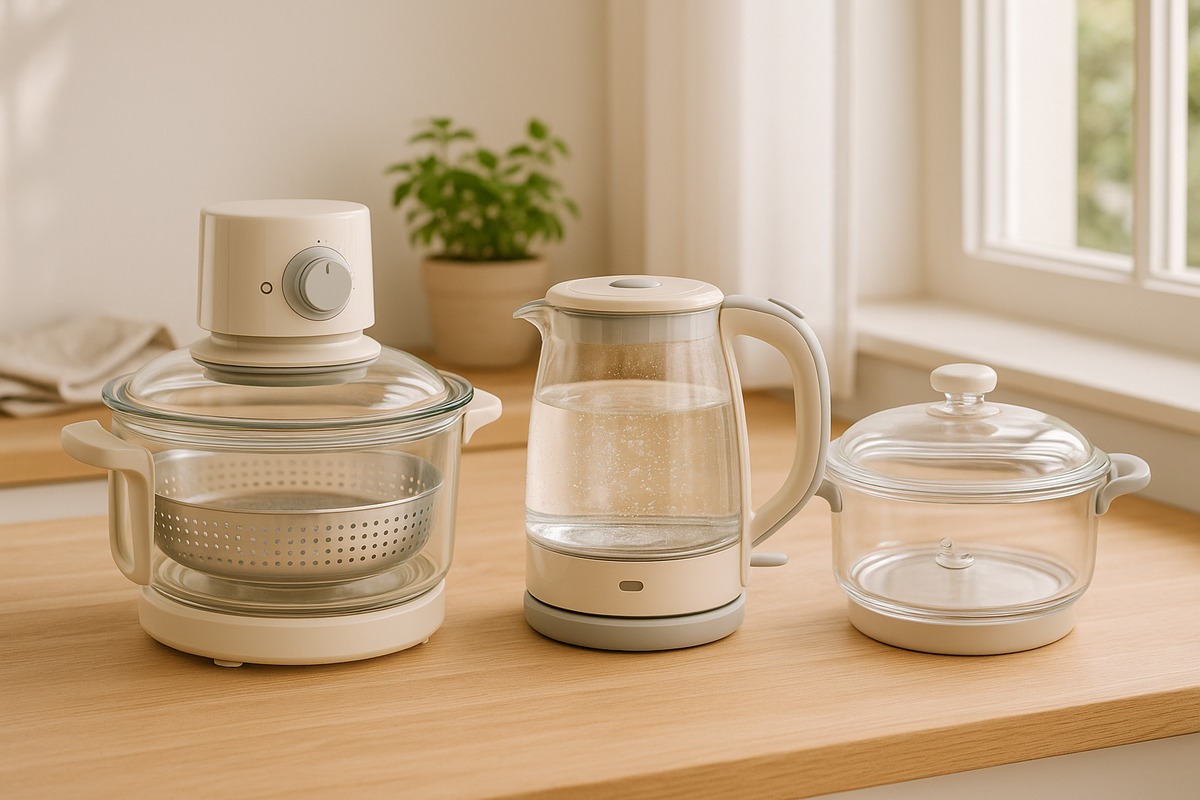 A glass air fryer, glass kettle, and clear cooking pot arranged together on a Japanese kitchen counter
