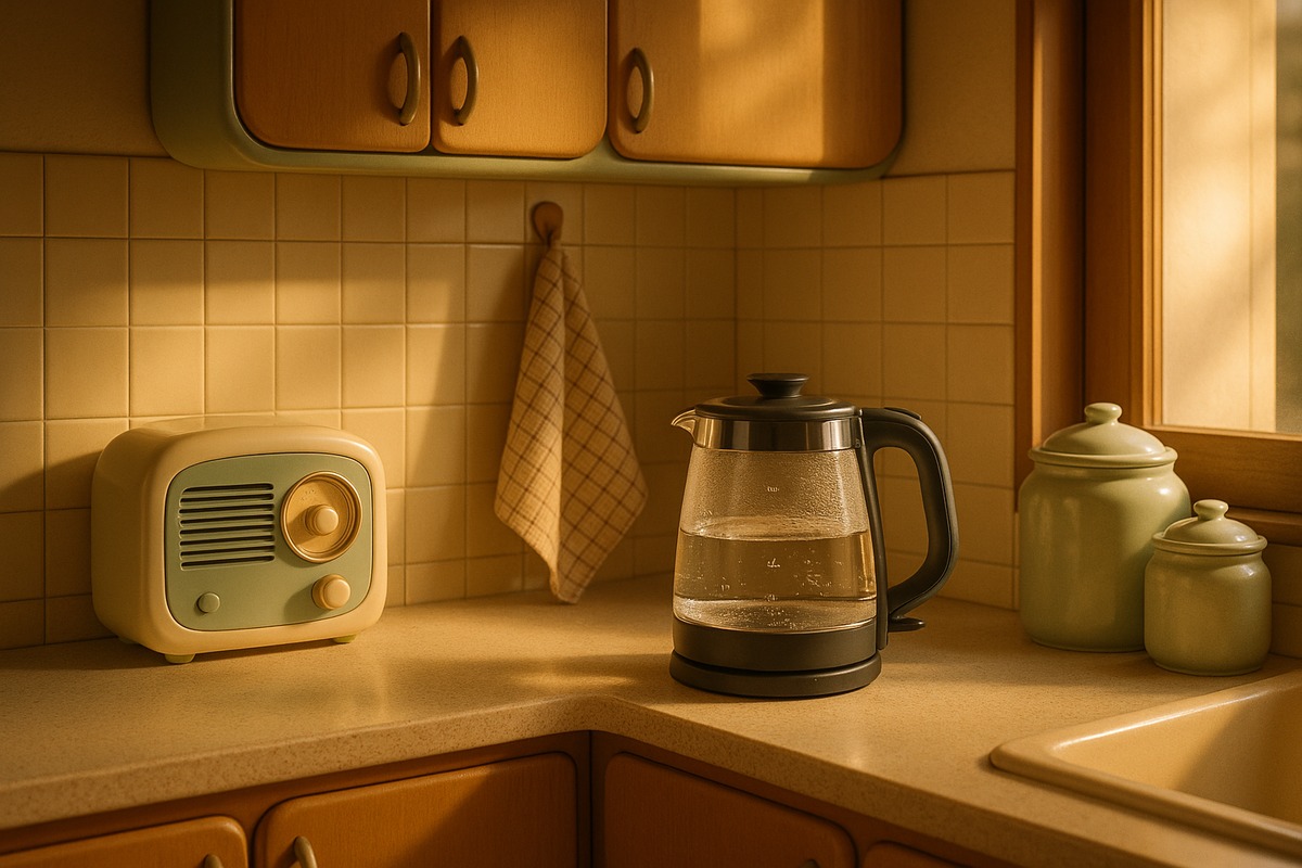 A modern glass kettle styled among warm, retro-inspired kitchen objects evoking mid-century Japanese design