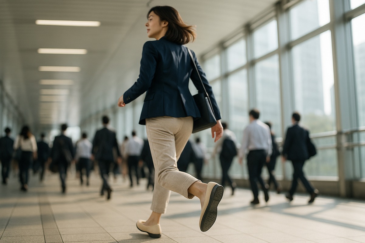 A commuter walking through a Tokyo train station wearing ballet-style sneakers with a tailored business-casual outfit.