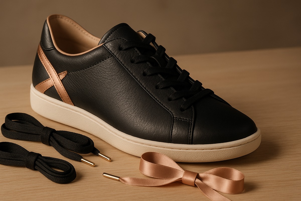 Close-up of a heritage-style leather ballet sneaker with two interchangeable lacing options laid beside it.