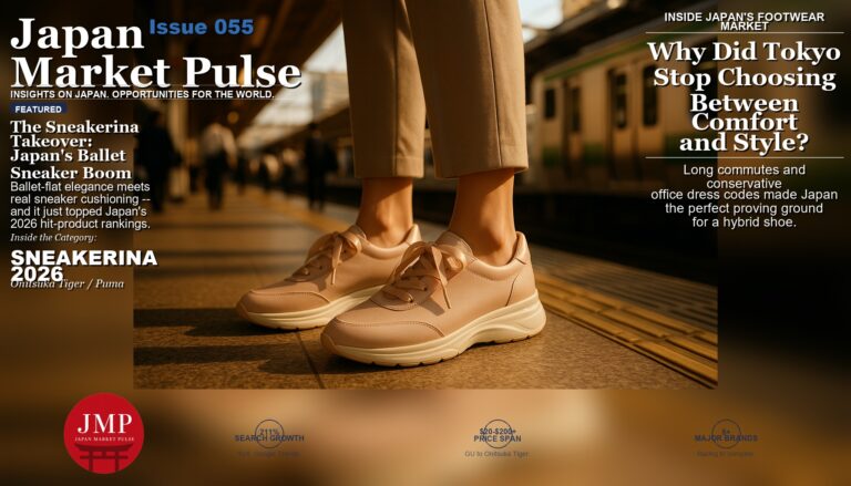 Close-up editorial photo of ballet-style sneakers on a Tokyo train platform, blending flat ballet-shoe elegance with cushioned athletic soles.