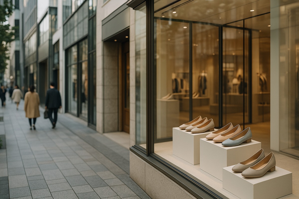 A Tokyo shopping street storefront displaying ballet-style sneakers in a minimalist window display.