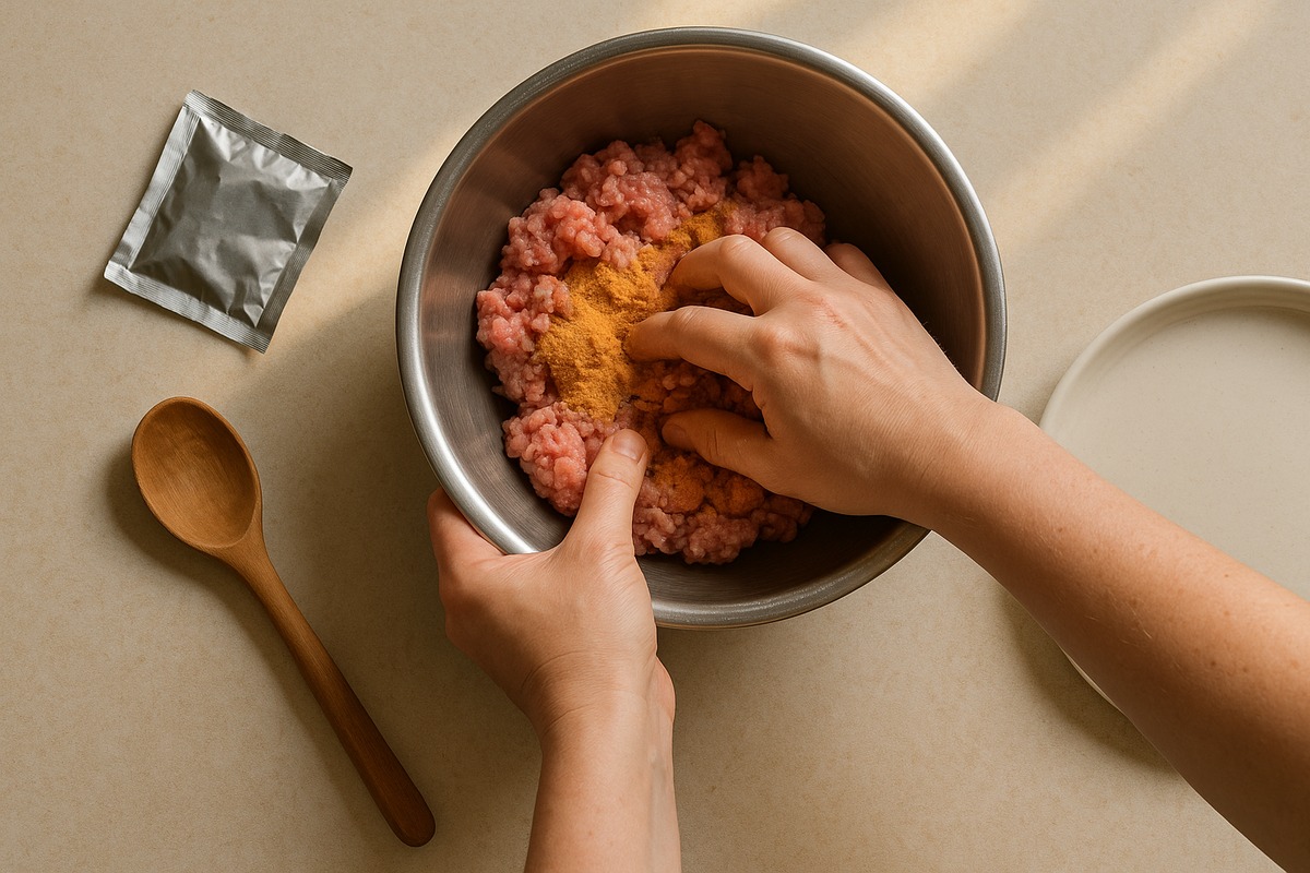 Hands kneading seasoning powder into raw ground meat in a steel mixing bowl on a home kitchen counter
