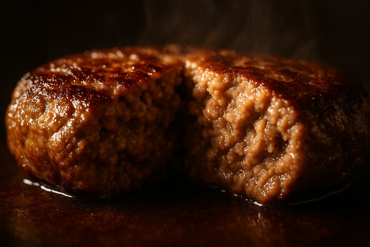 Macro close-up of a cut-open hamburger steak showing juicy, coarse meat texture and glistening juices