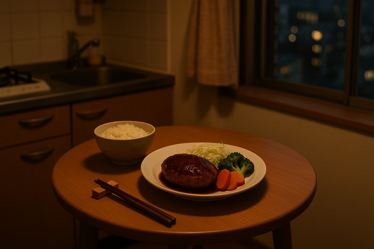 A single-serving hamburger steak dinner plated on a small table in a compact Tokyo apartment kitchen at evening