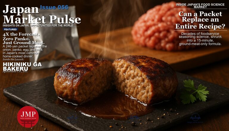 A halved, steaming Japanese hamburger steak with juices pooling beside a plain silver seasoning pouch and raw ground meat on a wooden board