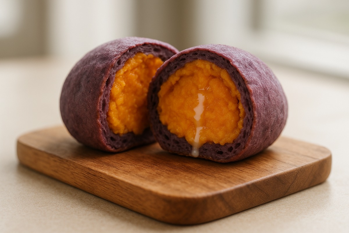 Close-up cross-section of Korean sweet potato bread showing its purple tapioca shell and orange sweet potato mousse filling.
