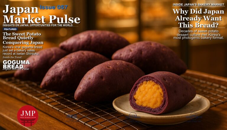 Korean sweet potato bread shaped like real sweet potatoes, displayed in a Tokyo department-store bakery case with one bun cut open to show the orange filling.