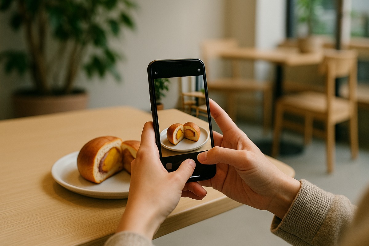 A person photographing a Korean sweet potato bread with a smartphone at a minimalist Tokyo café table.