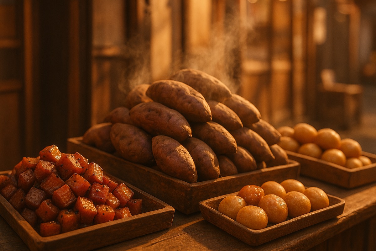 A traditional Japanese sweet potato dessert stall with roasted yaki-imo and candied daigaku-imo, showing the cultural context that primed Japan for goguma bread.