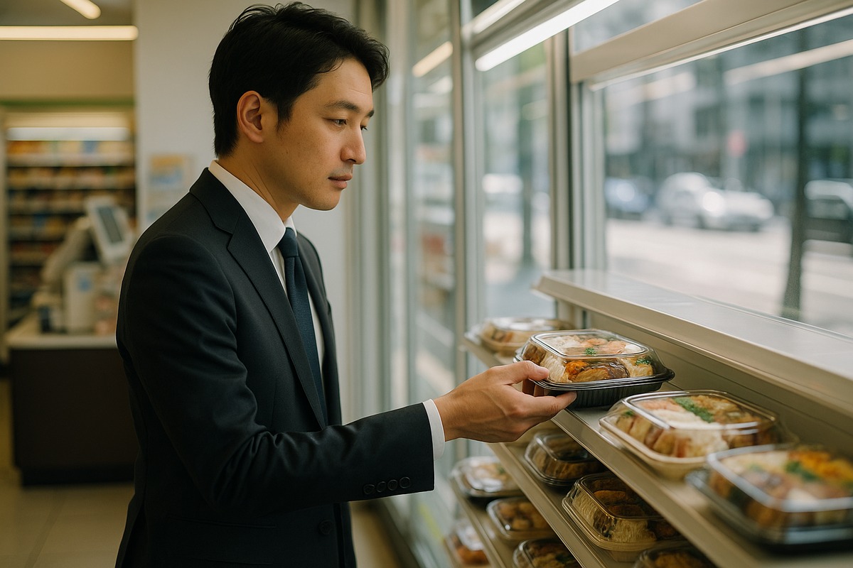 A businessperson in a suit selecting a premium ready-meal at a Japanese convenience store checkout counter.