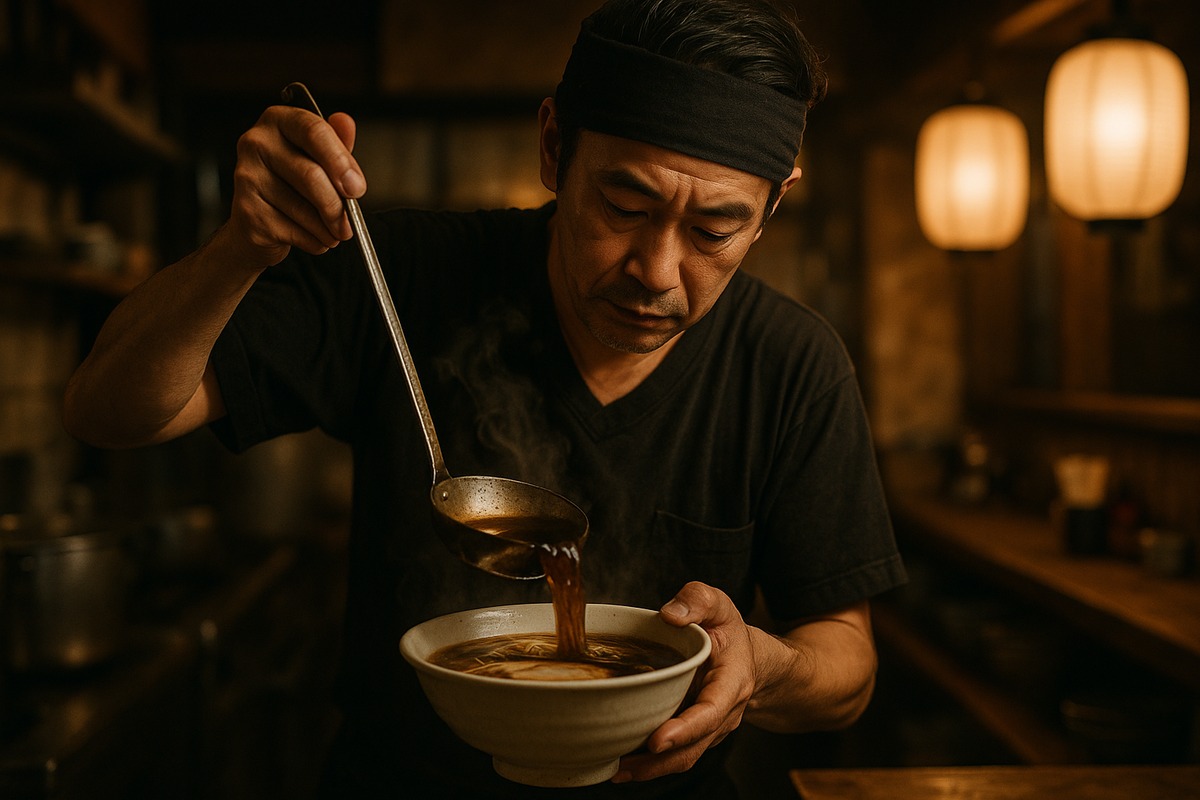 A ramen chef ladling rich broth into a bowl inside a small traditional Japanese ramen shop kitchen.
