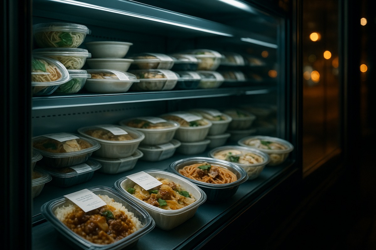 A brightly lit chilled food case inside a Japanese convenience store stocked with premium ready-meal packaging.
