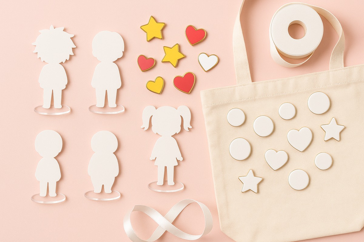A flat-lay of blank acrylic character stands, assorted enamel pin badges, a partially pin-covered tote bag, and a spool of ribbon arranged on a pastel pink surface.