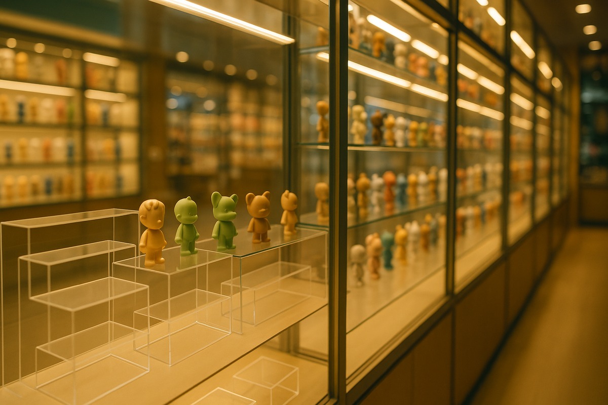 A brightly lit specialty retail shelf displaying rows of blank acrylic character stands and small figures behind glass, evoking Japan's dedicated collector-goods retail scene.