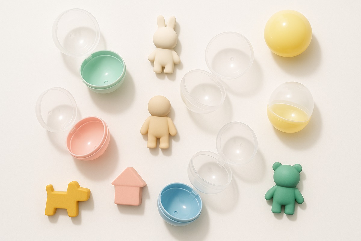 Top-down flat-lay photo of opened plastic capsules and small blank toy silhouettes on a clean white surface, alongside a few unopened capsules.