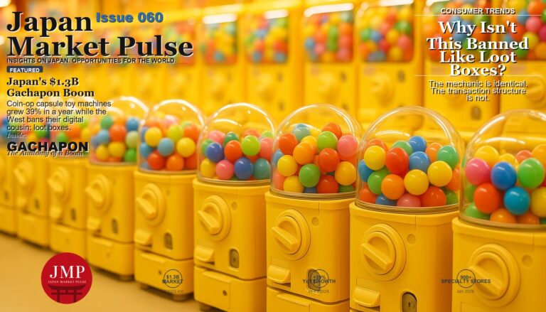 A wall of colorful coin-operated capsule toy vending machines in a Japanese specialty store, with rows of glass domes filled with small blank capsules in assorted colors.
