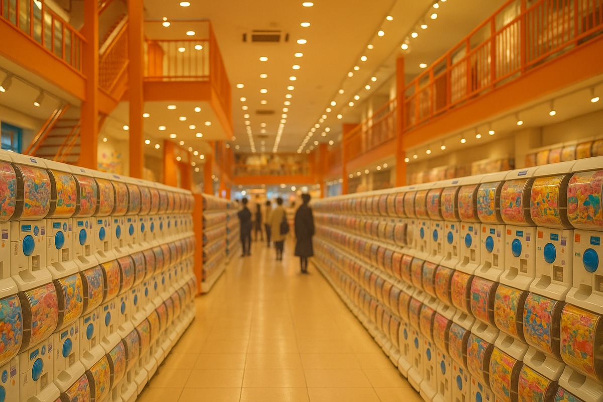 Wide-angle photo of a bustling multi-floor capsule toy specialty store interior, with rows of vending machines receding into the distance and blurred shoppers browsing in the background.