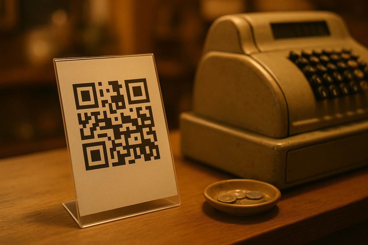 A simple printed QR-code payment sign stands in a small acrylic holder next to an old-fashioned cash register on a small shop counter, with a coin dish nearby.