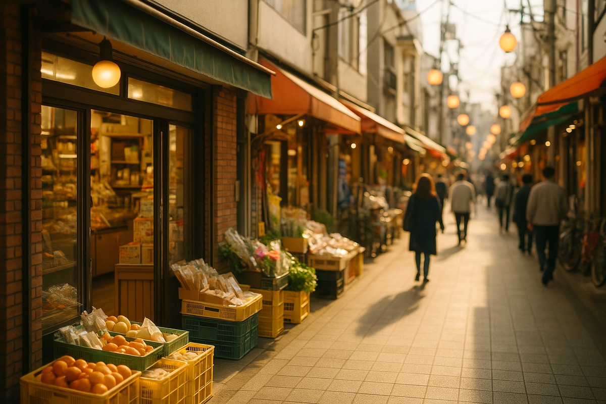 A bustling narrow Japanese shopping street (shotengai) lined with small independent shops, filled with warm afternoon light and blurred pedestrians in the distance.