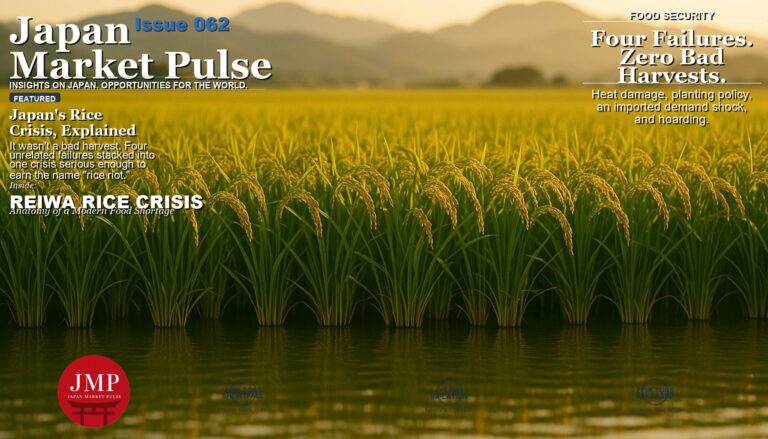 A wide, golden-hour view of a lush green Japanese rice paddy field with rows of grain-heavy stalks, overlaid with the Japan Market Pulse Issue 062 masthead and headline on the Reiwa rice crisis.