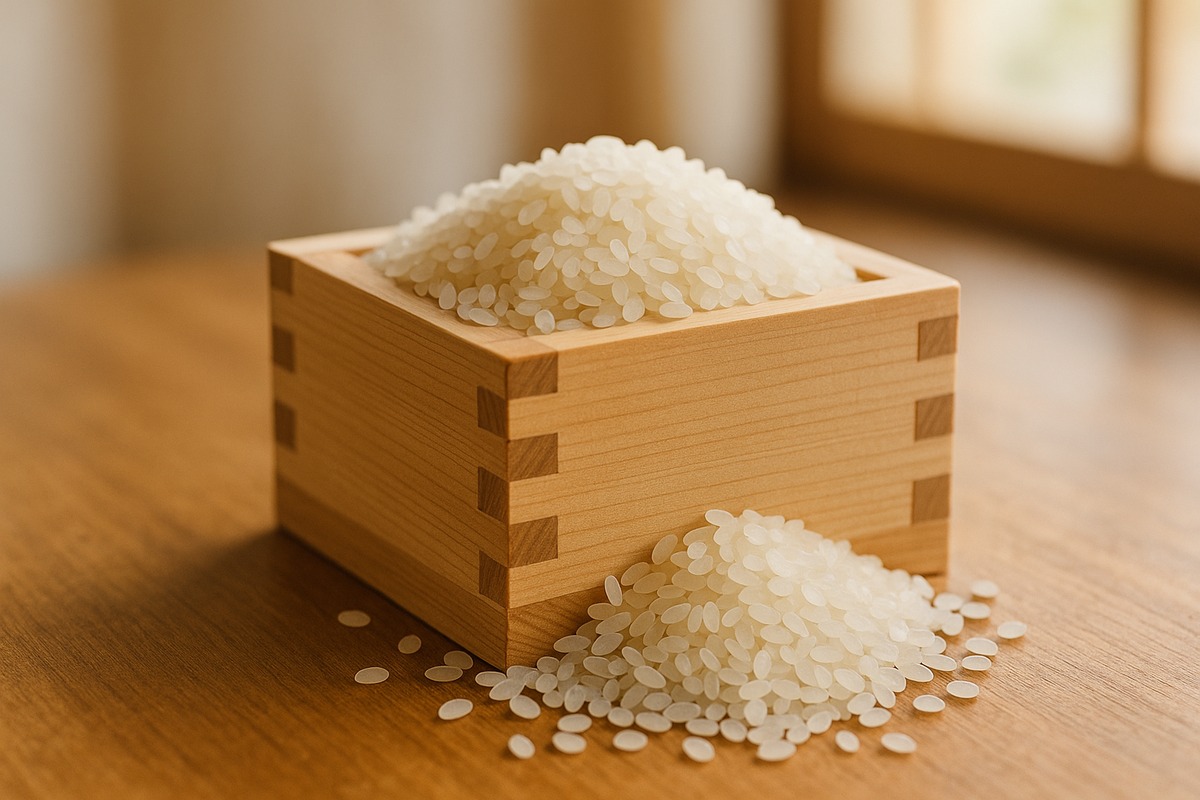 A traditional Japanese wooden rice-measuring box (masu) filled with white rice grains, some spilling onto a wooden surface in soft natural light.