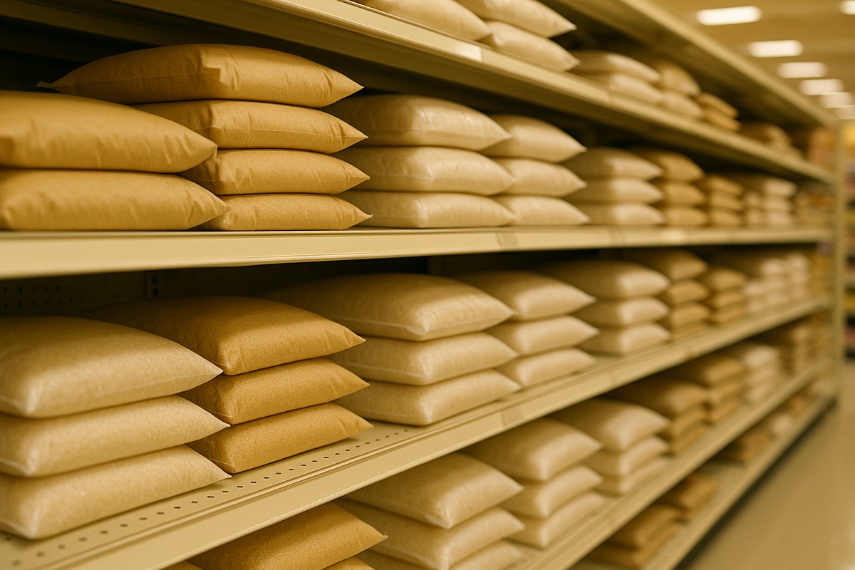 A Japanese supermarket aisle with shelves stocked with plain, unbranded rice bags in neutral beige and white packaging under warm retail lighting.