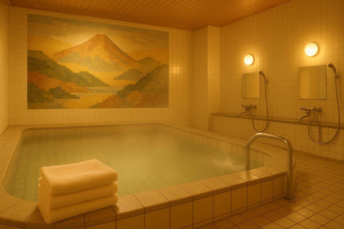 Interior of a traditional Japanese bathhouse showing a steaming tiled communal bath, a mosaic mountain mural on the wall, and a stack of folded towels in the foreground.