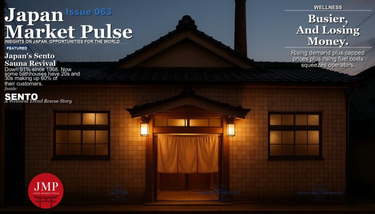 Dusk photograph of a traditional Japanese sento bathhouse exterior with a glowing entrance and noren curtain, overlaid with the Japan Market Pulse Issue 063 magazine-style headline on Japan’s sento sauna revival.